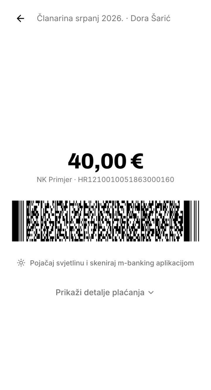 Fullscreen HUB3 barkod uplatnice: iznos 40 € i PDF417 kod spreman za skeniranje u m-bankingu.