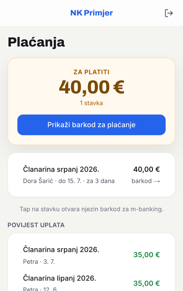 Ekran Plaćanja roditelja — iznos za platiti i povijest uparenih uplata.