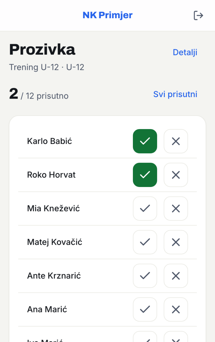 Prozivka u tijeku: prva dva igrača označena prisutnima.