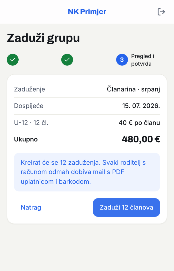 Ekran Zaduži grupu — pregled zaduženja za U-12, 480 € ukupno, gumb Zaduži 12 članova.